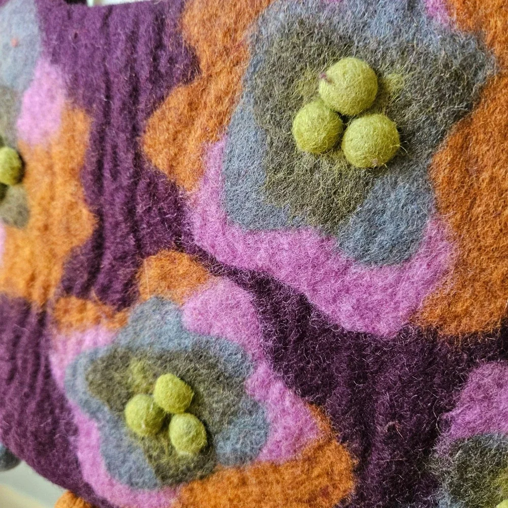 Rising Tide Purple Felted Wool Floral Pom Pom Shoulder Bag Made Nepal Boho Y2K